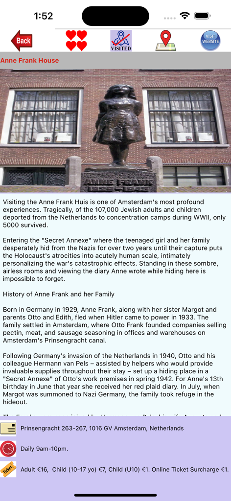안네 프랑크 하우스에 대한 정보, 역사 및 방문자 정보가 포함된 암스테르담 앱 스크린샷