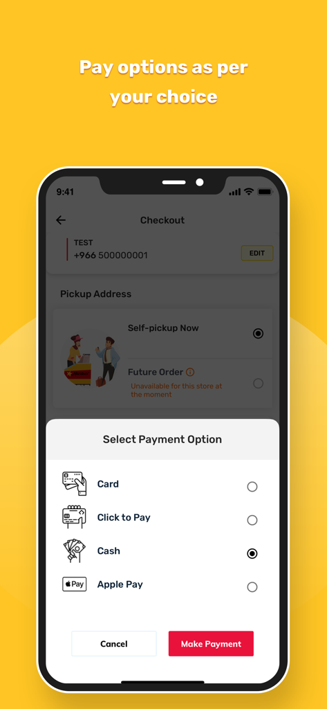 Hardee's Saudi Arabia - Online - Checkout screen of Hardees Saudi Arabia app displaying payment options like card, cash, and Apple Pay.