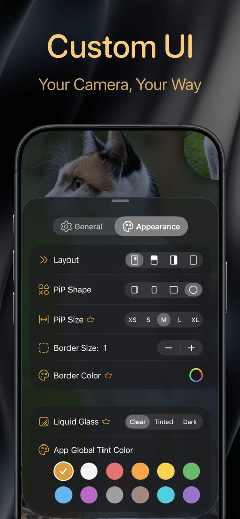 Una pantalla móvil mostrando opciones de personalización para la app 2Camera, incluyendo diseños y temas de color
