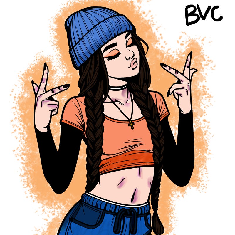 realistic teenage girl with braids and a beanie and crop top doing 🫶🏼
