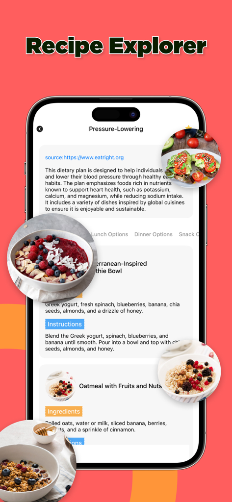 NutriGauge - Smartphone screen of NutriGauge app showcasing the Recipe Explorer with healthy meal options and nutritional information.
