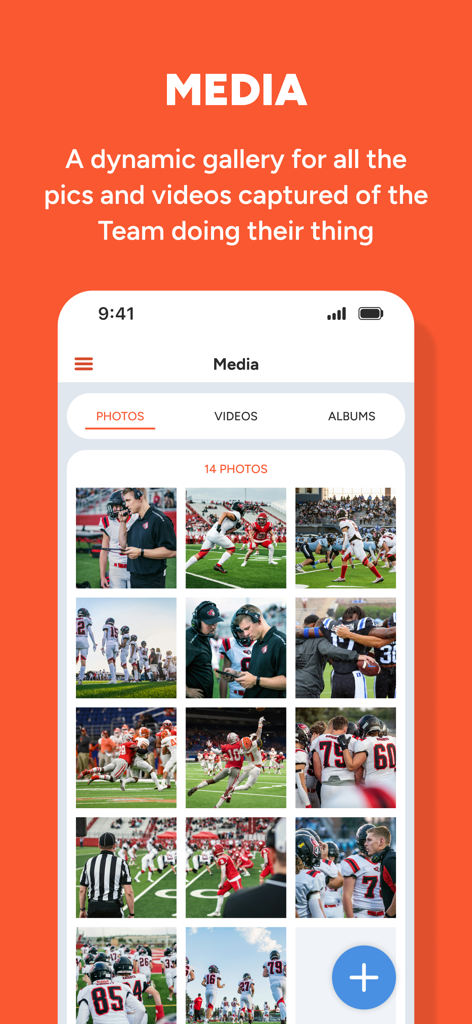 sportsYou - Interface of the sportsYou app showing a dynamic media gallery with football team photos and videos