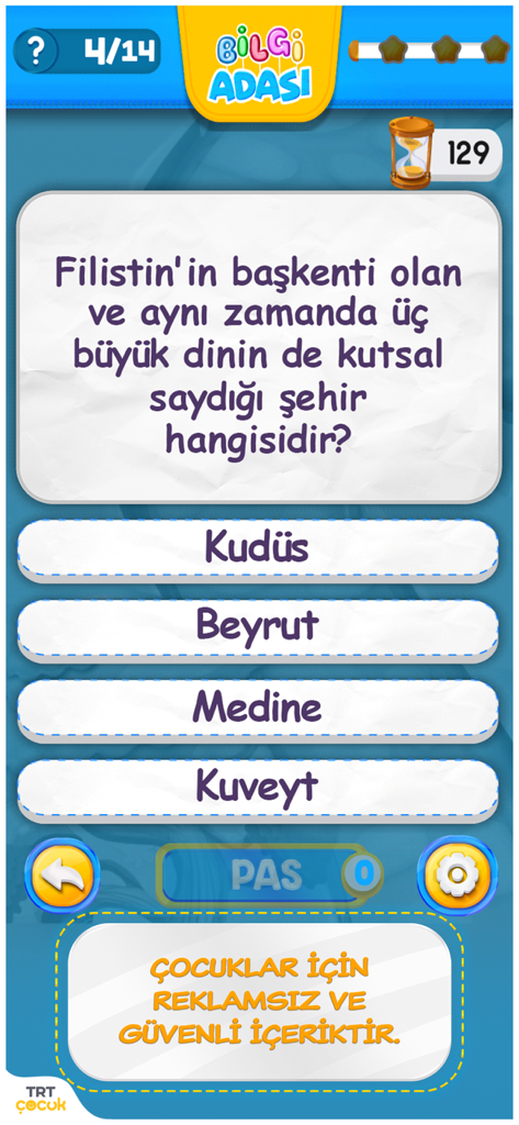 TRT Bilgi Adasi Quiz-Oberfläche mit einer Multiple-Choice-Geographiefrage für Kinder.