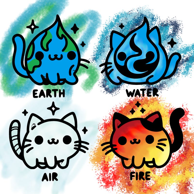 4 cats that represent the different elements, earth, water, air, and fire