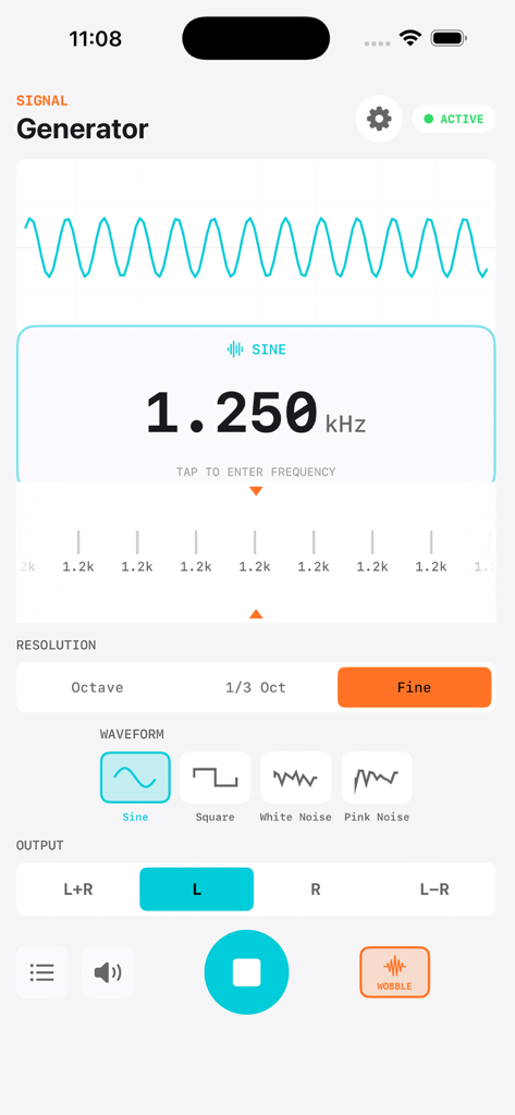 Interfaccia di un'app professionale per generatori di segnali audio che mostra un'onda sinusoidale a 1.250 kHz e un oscilloscopio in tempo reale