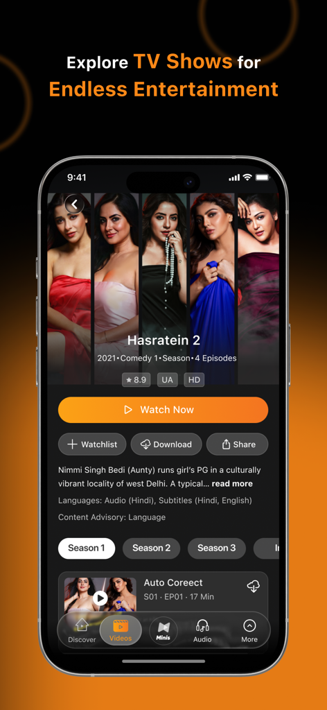 Hungama OTT: Shows & Movies - Hungama OTT app screen displaying details and episodes for a TV show series.