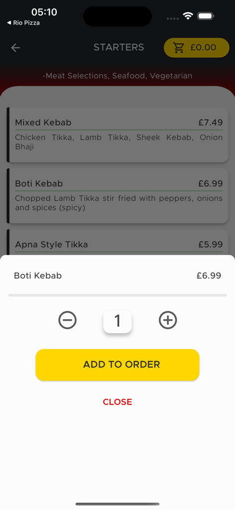 Mobile app screen showing a menu item for Boti Kebab with quantity selectors and an add to order button.