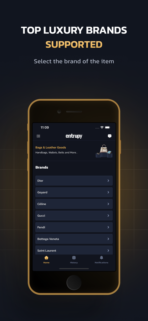 Entrupy - Interface do aplicativo Entrupy exibindo uma lista de marcas de luxo suportadas para autenticação, incluindo Dior, Gucci e Fendi.