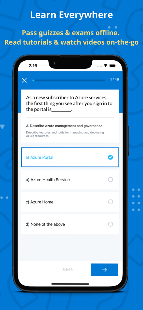 Smartphone affichant un quiz de pratique de certification Microsoft Azure dans l'application Learn Azure.