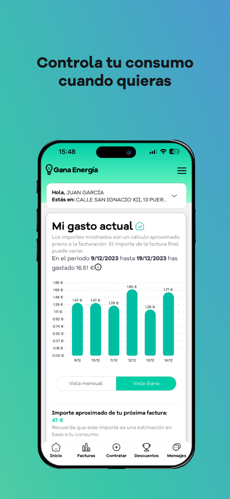 Gana Energia - App clientes - Gana Energia app showing a bar chart of daily energy consumption and estimated cost