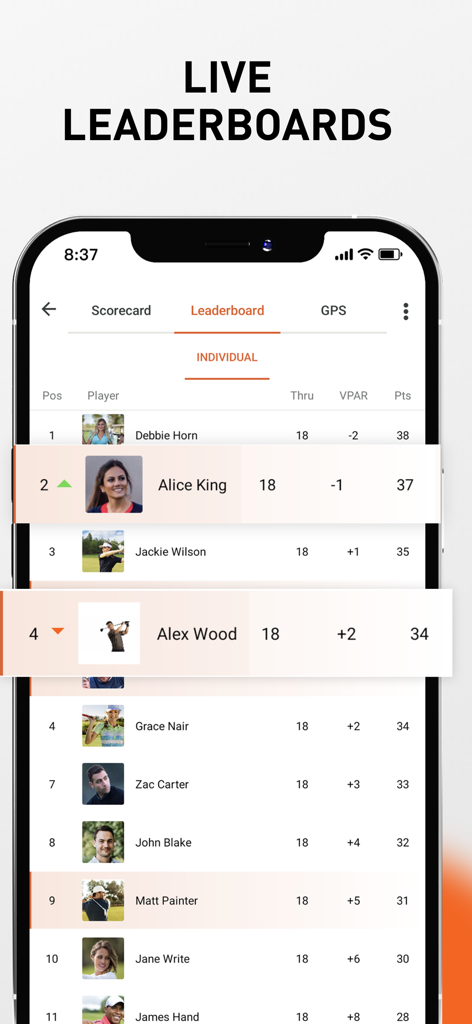 VPAR Golf GPS & Scorecard - A mobile phone screen displaying a live golf tournament leaderboard with player rankings and scores in the VPAR app.