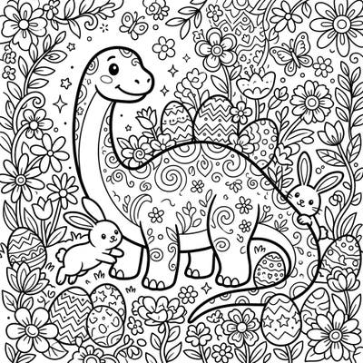 Dive into a unique Easter celebration with our Apatosaurus coloring page, specially designed for teens. This intricate scene features a friendly dinosaur, playful bunnies, and beautifully decorated eggs amidst a floral spring setting, offering hours of creative fun.