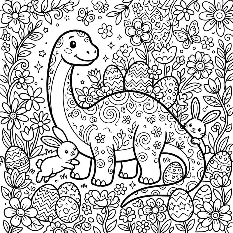 Dive into a unique Easter celebration with our Apatosaurus coloring page, specially designed for teens. This intricate scene features a friendly dinosaur, playful bunnies, and beautifully decorated eggs amidst a floral spring setting, offering hours of creative fun.