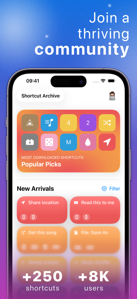 Shortcut Archive - Interfaz de la aplicación móvil Archivo de Atajos mostrando atajos de automatización populares y estadísticas de crecimiento de la comunidad