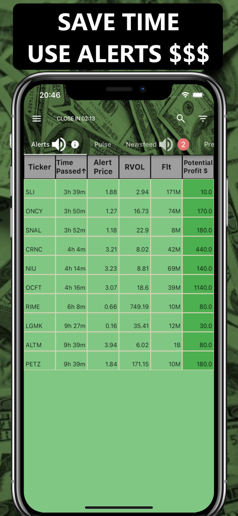 Stock alerts list in the Realtime Stock Screener app featuring ticker metrics and potential profit.