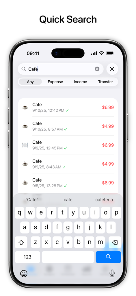 Uma interface móvel mostrando uma busca rápida por despesas de cafeteria no aplicativo de finanças pessoais Balance.