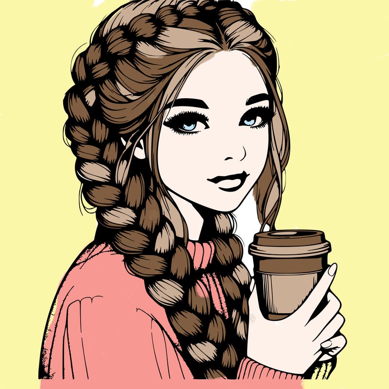 realistic girl with dutch braids and coffee