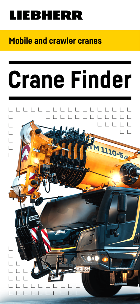 Crane Finder - Liebherr Crane Finder app interface showing a yellow mobile crane