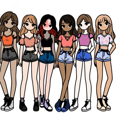 a group of girls wearing crop tops and shorts