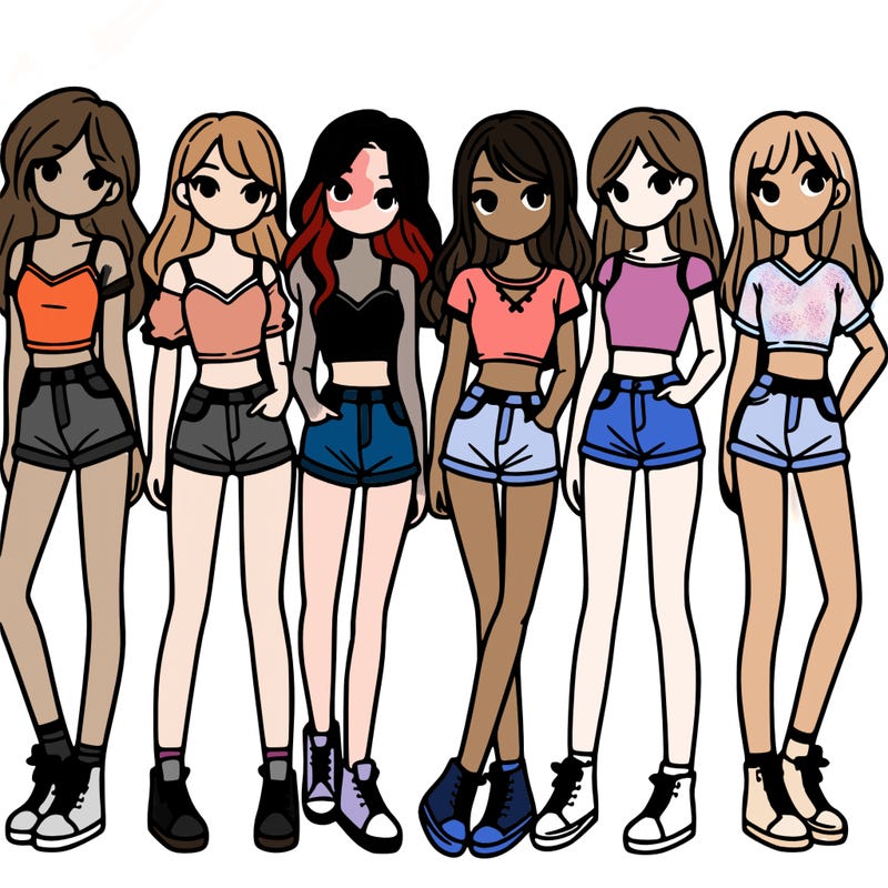 a group of girls wearing crop tops and shorts