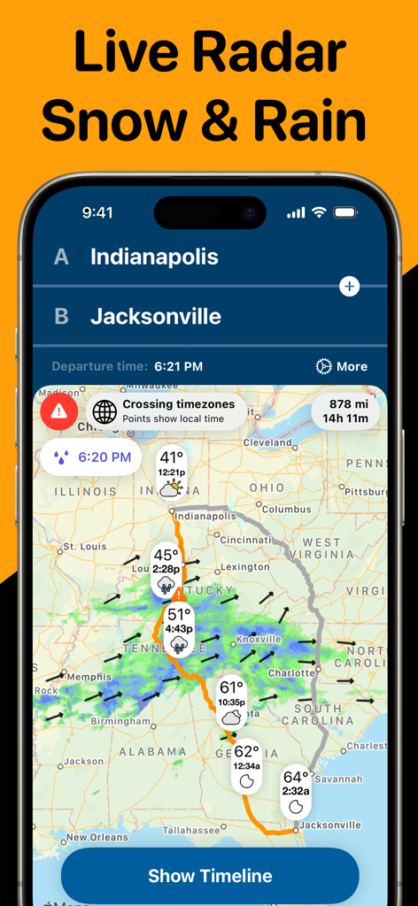 Weather app interface showing live radar and weather forecasts along a driving route from Indianapolis to Jacksonville.