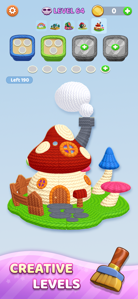 Yarn Fever Unravel Puzzleのゲームプレイ画面。クリエイティブなソーティングレベルにあるカラフルな編み物のキノコハウスが表示されています