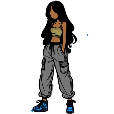 girl in baggy pants crop top and long hair