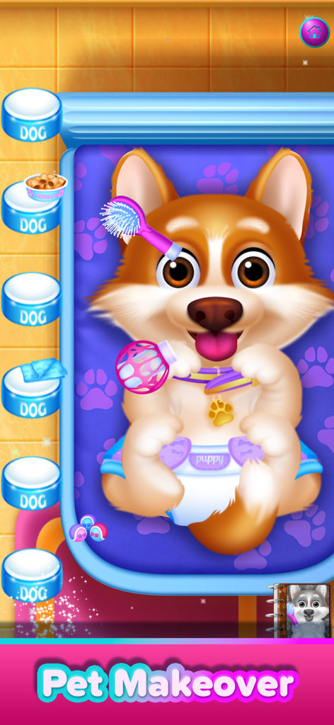 Play Toy & Pet Doctor - Un personaje de cachorro de dibujos animados siendo arreglado con un cepillo y una botella en un juego de cambio de look para mascotas.