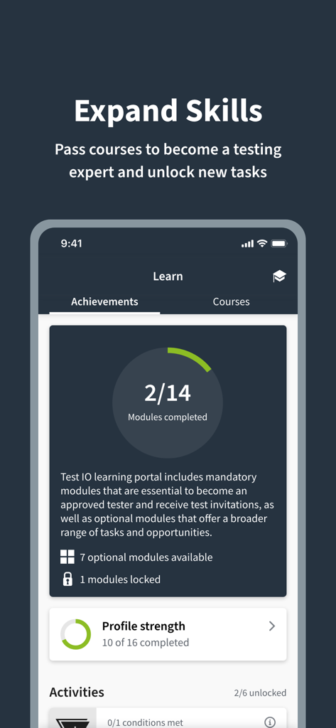 A screenshot of the testNow app learning dashboard showing tester module progress and skill development