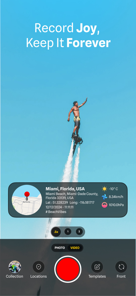 MapCam app interface showing a flyboarder with GPS location and weather stamps