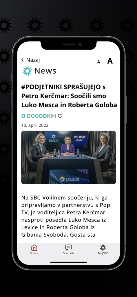 SBCA - Pantalla de artículo de noticias en la aplicación SBCA que muestra un evento de debate empresarial con líderes políticos