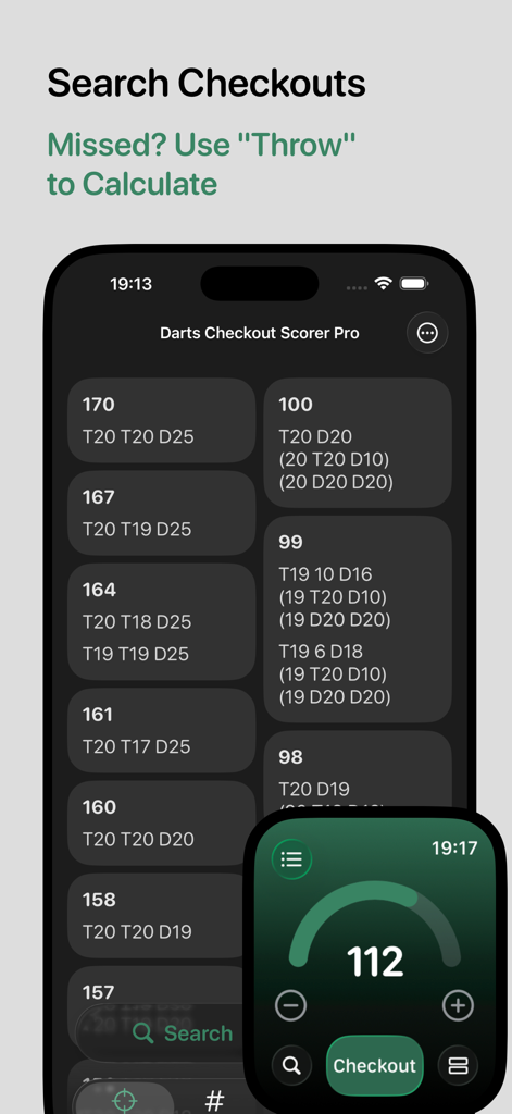 Darts Checkout Scorer Pro App, die eine Liste von Dart-Checkout-Kombinationen auf einem iPhone und eine Scoring-Oberfläche auf einer Apple Watch zeigt