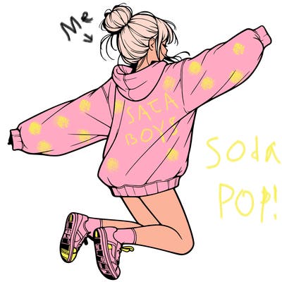 realistic girl jumping with a bun and oversized sweatshirt