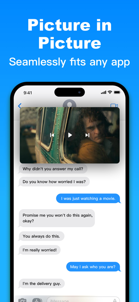 iPhone画面で、テキストメッセージのやり取りの上にピクチャインピクチャモードを使用したフローティング動画ウィンドウが表示されています