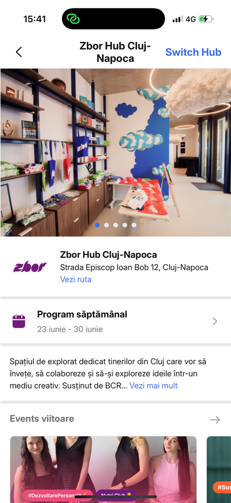 Zbor - Spațiu de Explorat - Écran mobile montrant les détails du Zbor Hub Cluj Napoca avec une photo de l'intérieur et des informations de localisation.