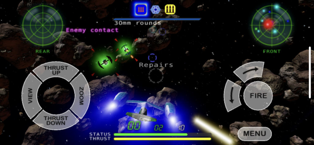 A 3D space combat scene from the Nemesis app showing a ship navigating an asteroid field with a heads up display