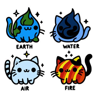 4 cats that represent the different elements, earth, water, air, and fire