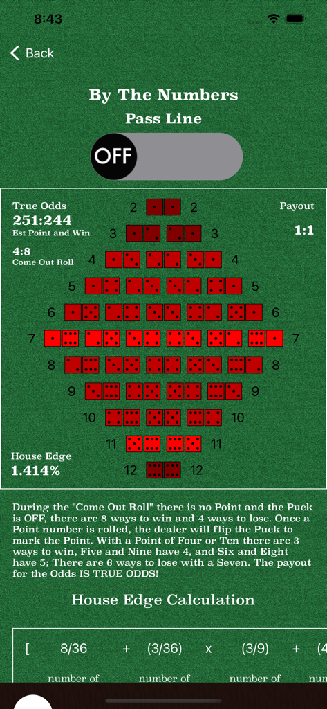 Learn Craps - Educational screen showing dice combinations and house edge for a Pass Line bet in Craps