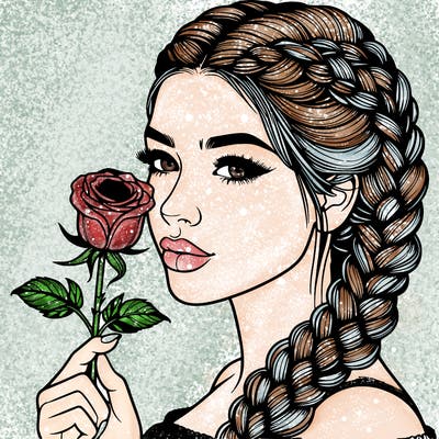 realistic woman with braids holding a single rose