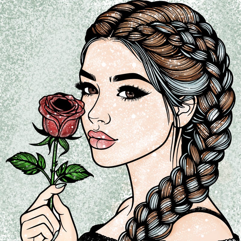 realistic woman with braids holding a single rose