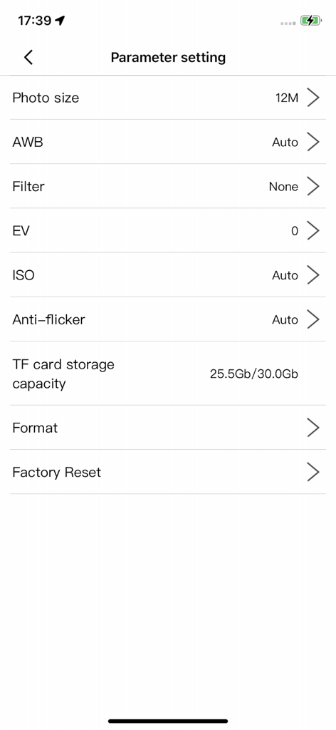 Interface do aplicativo HDV CAM mostrando configurações de parâmetros da câmera para tamanho da foto, ISO e balanço de branco
