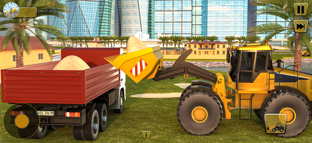 Construction City Simulator 3D - 3D都市環境で、黄色いホイールローダーが赤いダンプトラックに砂を積み込んでいる様子