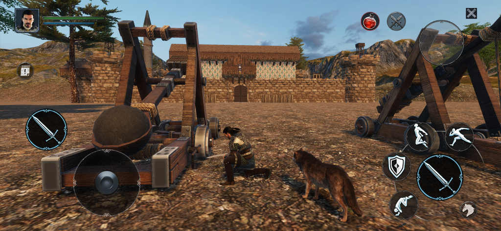 Alparslan: Warlord RPG Game - Un guerrero medieval y un compañero lobo junto a una gran catapulta de asedio frente a una fortaleza de piedra.