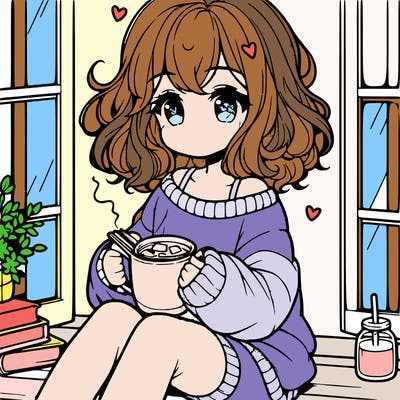 cute anime girl reading book and drinking hot chocolate from mug with loose wavy hair wearing a baggy sweatshirt and shorts sitting by windowsill looking out
