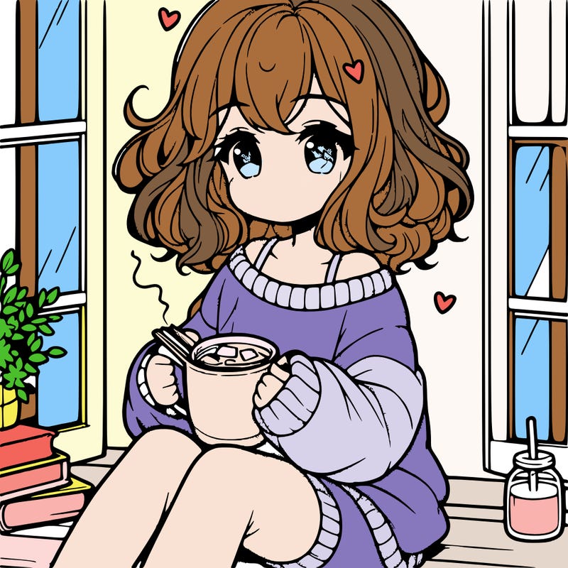 cute anime girl reading book and drinking hot chocolate from mug with loose wavy hair wearing a baggy sweatshirt and shorts sitting by windowsill looking out