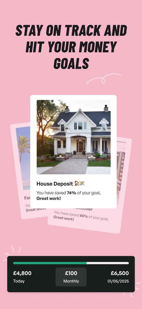 Interfaz de la aplicación Financielle que muestra el progreso hacia un objetivo de ahorro para el pago inicial de una casa