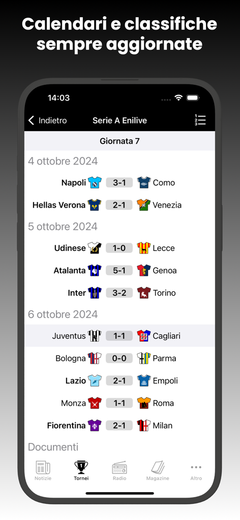TuttoJuve app screen showing Serie A match results and football calendar