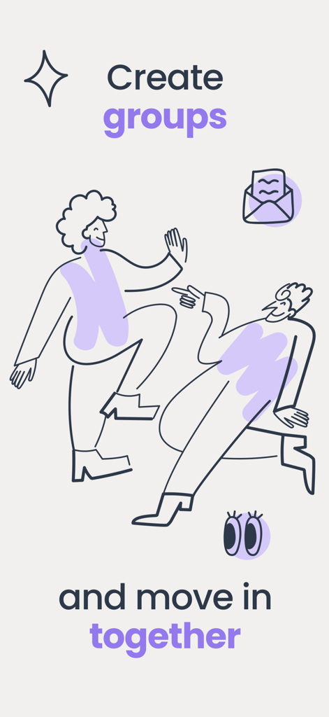 A graphic illustration from the Loby app showing two people high fiving with the text create groups and move in together