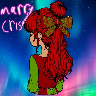 realistic girl  with hip length hair a bun and a big bow on the back of head
