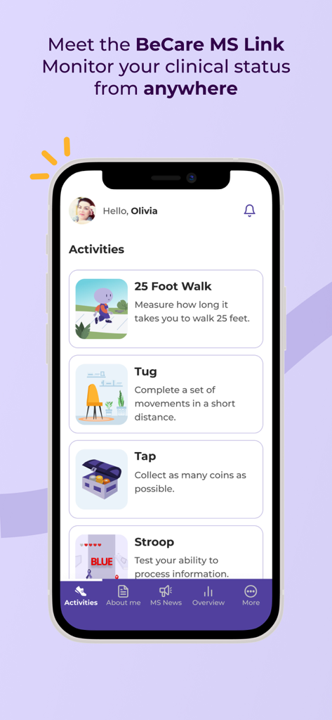 BeCare MS: Multiple Sclerosis - BeCare MS app interface showing activities for monitoring multiple sclerosis status